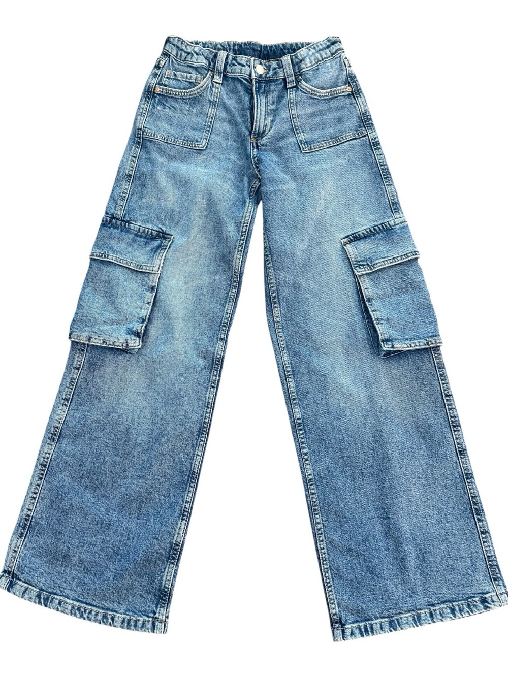 H&M Girls Light Blue Wide Leg Kids Cargo Jeans Size 14